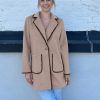 Pea Coats for Women Trendy Embroidered Contrast Trim Long Peacoat Jackets Lapel Button Winter Coat with Pockets