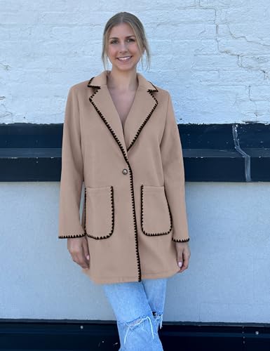 Pea Coats for Women Trendy Embroidered Contrast Trim Long Peacoat Jackets Lapel Button Winter Coat with Pockets
