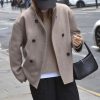 Women Winter Stand Collar Wool Blend Jacket Double Breasted Pea Coat Button Cropped Trench Coat Overcoat