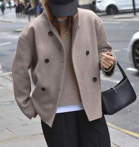 Women Winter Stand Collar Wool Blend Jacket Double Breasted Pea Coat Button Cropped Trench Coat Overcoat
