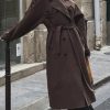 Women's Winter Double Breasted Long Coat Notch Lapel Long Sleeve Wool Blend Trench Coat with Belt