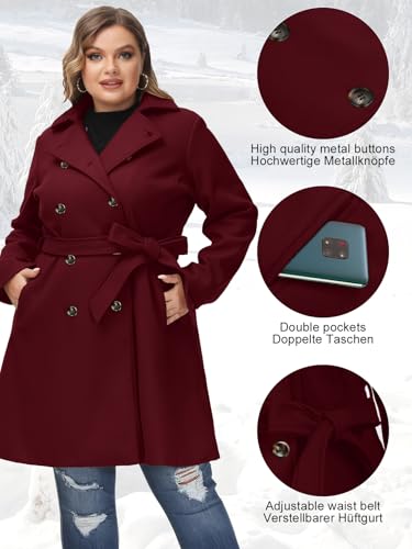 Women Plus Size Double Breasted Wool Pea Coat Notch Lapel Trench Coats Mid Long Winter Outerwear with Belt