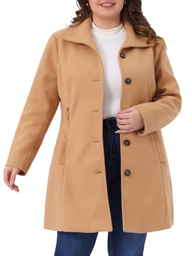 Plus Size Pea Coat for Women Lapel Long Sleeves Single Breasted Overcoat Pockets Winter Outerwear with Belt