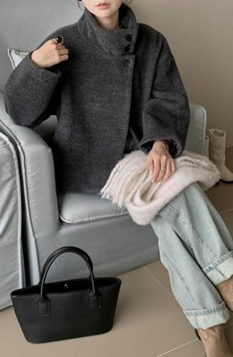 Women Warm Winter Short Wool Pea Coat Stand Collar Crop Wool Blend Jacket Outwear