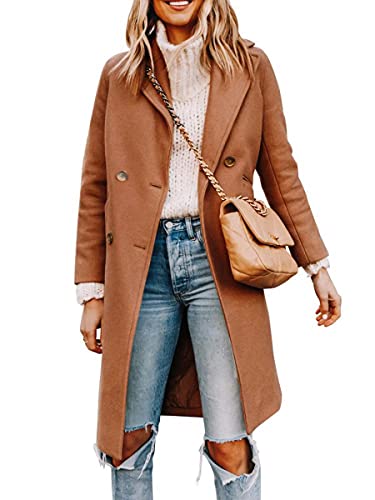 Womens Notched Lapel Collar Double Breasted Pea Coat Winter Wool Blend Over Coats Long Jackets