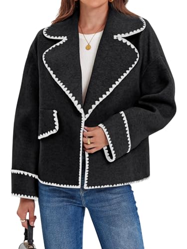 Womens Cropped Wool Jacket Embroidered Contrast Trims Blazer Fall Short Pea Coat with Pockets