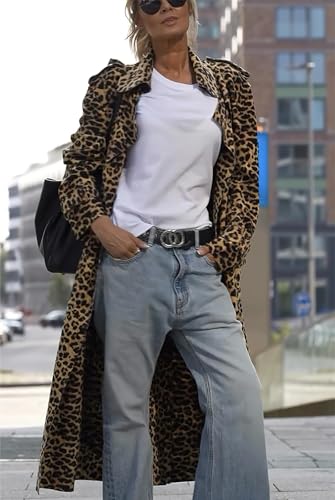 Women's Notch Lapel Leopard Print Duster Trench Coat Open Front Loose Faux Suede Mid Long Pea Coat