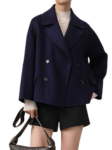Women Cropped Wool Pea Coats Notched Lapel Double Breasted Crop Woolen Trench Coat Short Jackets with Pockets