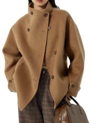 Womens Winter Stand Collar Wool Trench Coat Single Breasted Blazer Jacket Coat Loose Outerwear