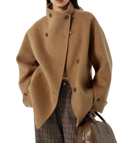 Womens Winter Stand Collar Wool Trench Coat Single Breasted Blazer Jacket Coat Loose Outerwear