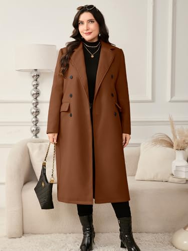 Women's Plus Size Wool Pea Coat Double Breasted Notch Lapel Collar Fall Winter Classic Long Trench Coat
