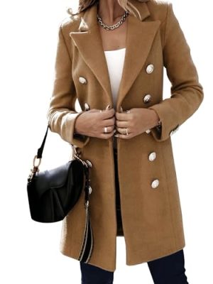 Womens Mid Long Wool Blend Coats Notched Lapel Collar Double Breasted Coat Fall Winter Jackets Overcoat