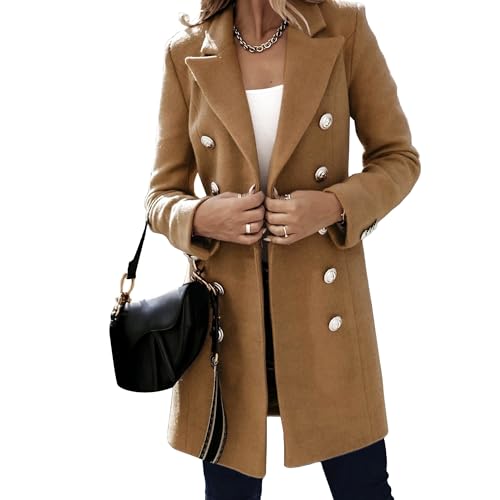 Womens Mid Long Wool Blend Coats Notched Lapel Collar Double Breasted Coat Fall Winter Jackets Overcoat