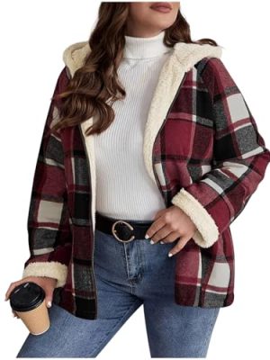 Plus Size Winter Coats for Women Plaid Sherpa Lined Zip Up Jacket with Hood Oversized Hoodie Outerwear with Pockets