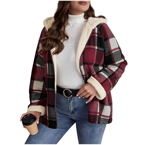 Plus Size Winter Coats for Women Plaid Sherpa Lined Zip Up Jacket with Hood Oversized Hoodie Outerwear with Pockets