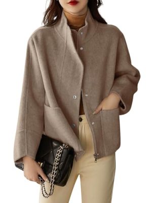 Women's Casual Stand Collar Single Breasted Short Wool Pea Coat Overcoat with Pockets