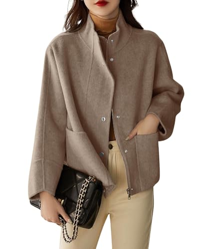 Women's Casual Stand Collar Single Breasted Short Wool Pea Coat Overcoat with Pockets