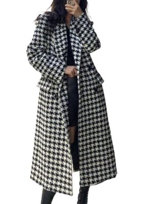 Women's Winter Houndstooth Double Breasted Trench Coat Notch Lapel Wool Blend Warm Quilted Lined Long Overcoat