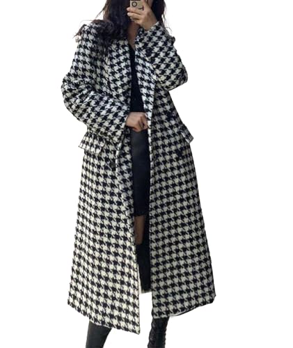 Women's Winter Houndstooth Double Breasted Trench Coat Notch Lapel Wool Blend Warm Quilted Lined Long Overcoat