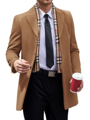 Men's Pea Coat with Detachable Plaid Scarfs Fall Single Breasted Wool Blend Trench Coat Winter Overcoat