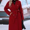 Womens Long Wool Pea Coat Notched Lapel Double Breasted Trench Coat Winter Warm Overcoat with Belt