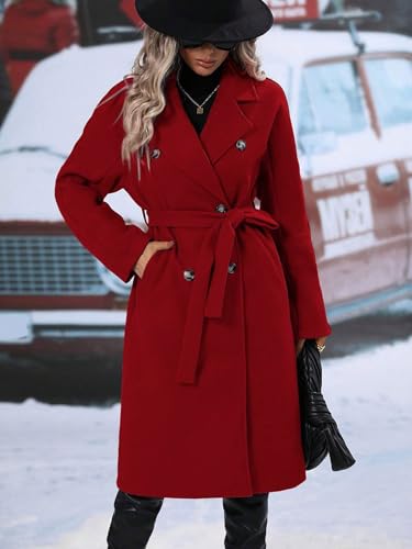 Womens Long Wool Pea Coat Notched Lapel Double Breasted Trench Coat Winter Warm Overcoat with Belt