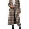 Women's Plaid Double Breasted Wool Overcoat Notch Lapel Mid Long Peacoat Winter Trench Coat
