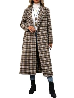 Women's Plaid Double Breasted Wool Overcoat Notch Lapel Mid Long Peacoat Winter Trench Coat