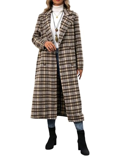 Women's Plaid Double Breasted Wool Overcoat Notch Lapel Mid Long Peacoat Winter Trench Coat