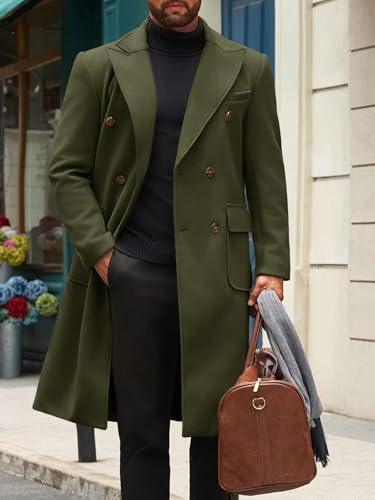Mens Wool Blend Casual Trench Coat Notched Collar Lapel Long Jacket Double Breasted Classic Winter Overcoat