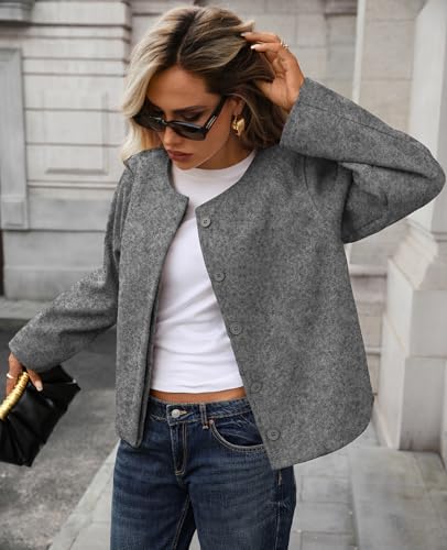 Womens Cropped Wool Blend Pea Coat Long Sleeve Button Down Jacket Peacoat Fall Winter Outerwear