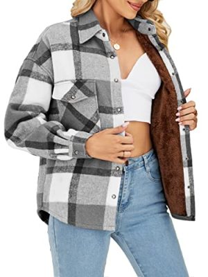 Sherpa Plush Fuzzy Fleece Lined Jacket Womens Plaid Flannel Shacket Jacket Lapel Button Fluffy Warm Winter Coat