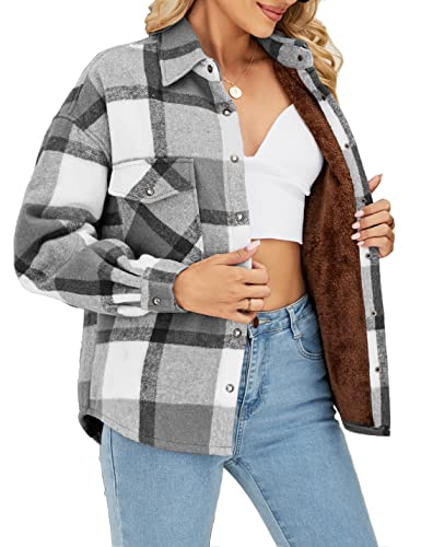 Sherpa Plush Fuzzy Fleece Lined Jacket Womens Plaid Flannel Shacket Jacket Lapel Button Fluffy Warm Winter Coat