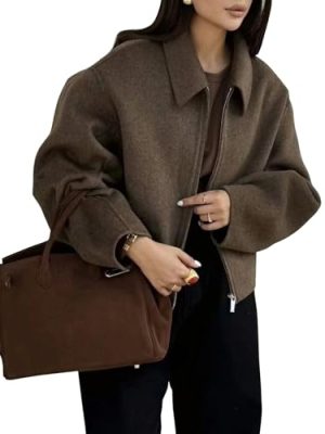 Womens Cropped Wool Jacket Warm Winter Fleece Bomber Jacket Zip Up Short Pea Coats with Pockets