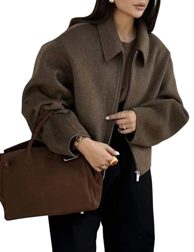 Womens Cropped Wool Jacket Warm Winter Fleece Bomber Jacket Zip Up Short Pea Coats with Pockets
