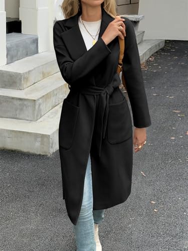 Womens Long Pea Coats Open Front Lapel Jackets Casual Belted Trench Coat Overcoats with Pockets