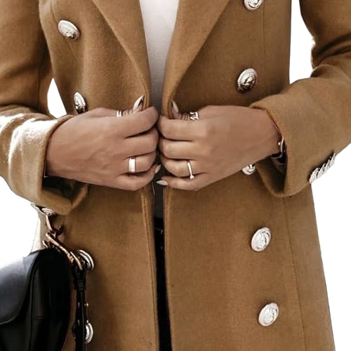 Womens Mid Long Wool Blend Coats Notched Lapel Collar Double Breasted Coat Fall Winter Jackets Overcoat