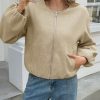 Womens Cropped Bomber Jackets Trendy Casual Collarless Pea Coat Zip Up Fall Short Jacket