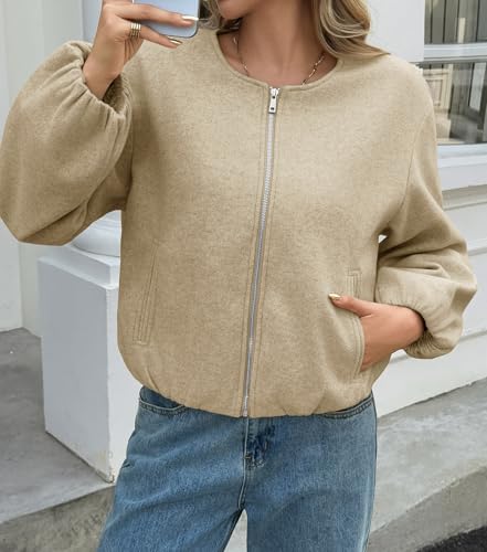 Womens Cropped Bomber Jackets Trendy Casual Collarless Pea Coat Zip Up Fall Short Jacket