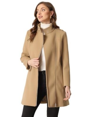 High Neck Winter Coat for Women's Zip Up Belted Mid-Long Overcoat