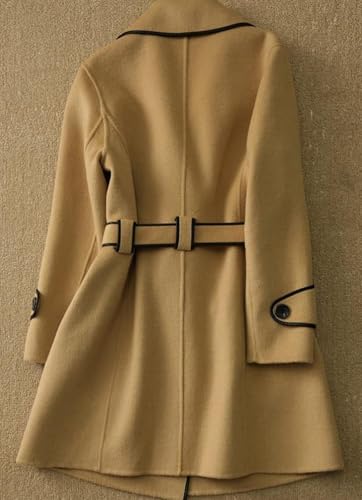 Women's Elegant Lapel Collar Wool Blend Midi-Long Pea Coat Jacket with Belt
