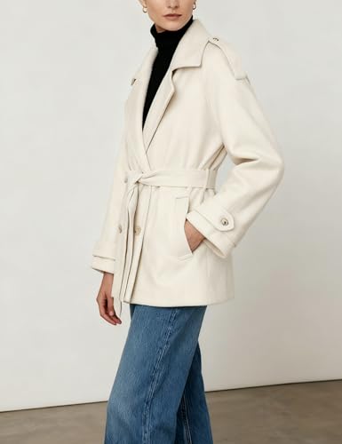 Women's Wool Blend Pea Coat Notch Lapel Double Breasted Winter Loose Short Button Belt Outerwear Jacket