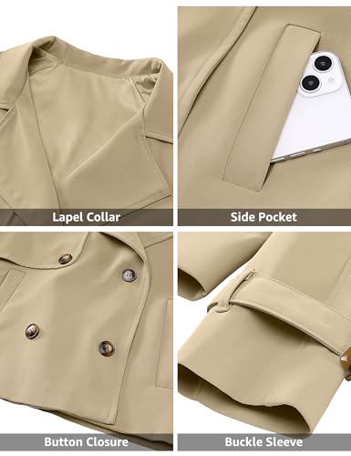 Cropped Trench Coat for Women Long Sleeve Double Breasted Notched Lapel Casual Loose Fit Jackets with Pockets