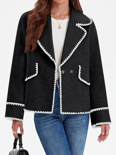 Womens Cropped Wool Jacket Embroidered Contrast Trims Blazer Fall Short Pea Coat with Pockets