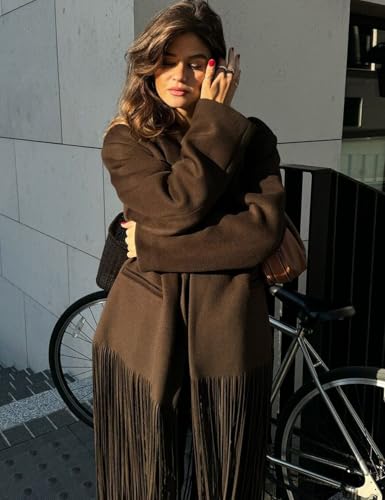 Women's Long Coat Notch Lapel Single-Breasted Jacket with Fringe Hem