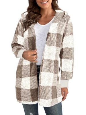Lightweight Flannel Jacket Women Fleece Plaid Oversized Open Front Cardigan Loose Fitted Shaggy Comfy Casual Hooded Coats
