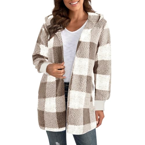 Lightweight Flannel Jacket Women Fleece Plaid Oversized Open Front Cardigan Loose Fitted Shaggy Comfy Casual Hooded Coats