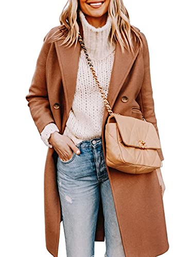 Womens Notched Lapel Collar Double Breasted Pea Coat Winter Wool Blend Over Coats Long Jackets