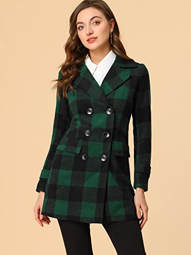 Women's 2025 Winter Notched Lapel Pea Coat Classic Buffalo Checks Double Breasted Plaid Coat