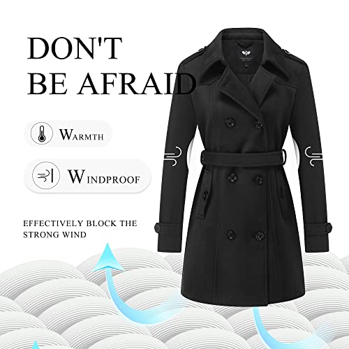 Women's Double Breasted Pea Coat Slim Winter Mid-Long Trench Coat with Long Belt